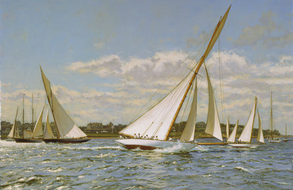 "Gloriana" and "Minerva" tack out of the Eastern Yacht Club anchorage, circa 1901.