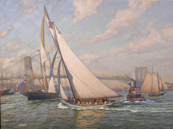 "A Salute To Victory. "Puritan", the successsful defender of the 1885 America's Cup, sails up the East River, New York."