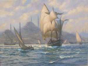 Istanbul,  looking towards the Suleymaniye Mosque and the Golden Horn, circa 1890.