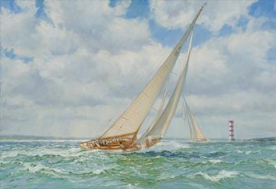 Kahurangi tacking out past the Rangitoto lighthouse, circa 1956.