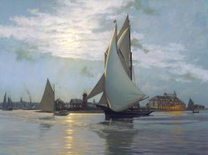 "Moonlight arrival at Nantucket, 1886. The schooner "Fortuna", Commodore Henry S. Hovey, rounds Brandt Point."